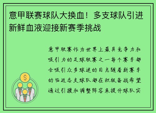 意甲联赛球队大换血！多支球队引进新鲜血液迎接新赛季挑战